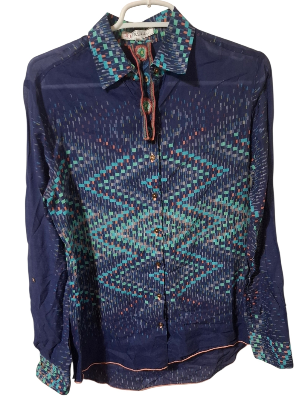 3J Workshop/ Johnny Was (XS) Navy & Teal Geometric Shirt